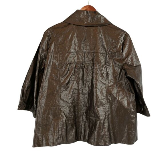 CHICOS 1 ( M ) Glossy Brown Coated Linen Casual Jacket 1/2 Sleeve FLAWS - Picture 3 of 10